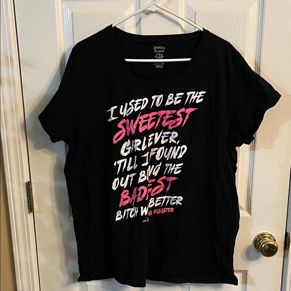 Black Graphic Tee with Pink and White Text